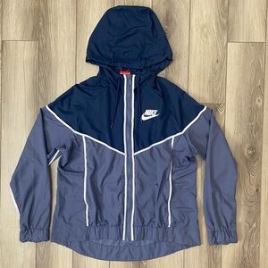 Nike Navy Blue Hooded Full Zip Windbreaker Jacket with White Accents Size Medium